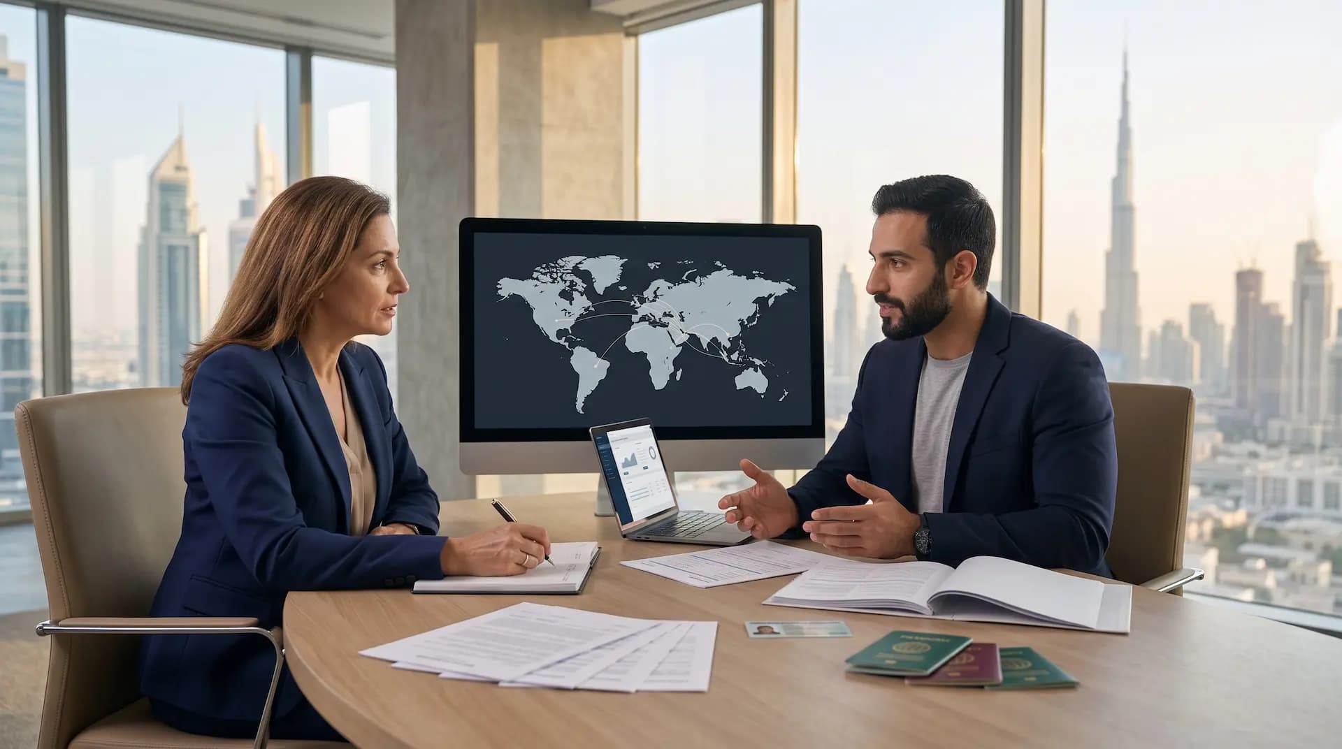 Banking advisor discussing international transfers for a UAE business account