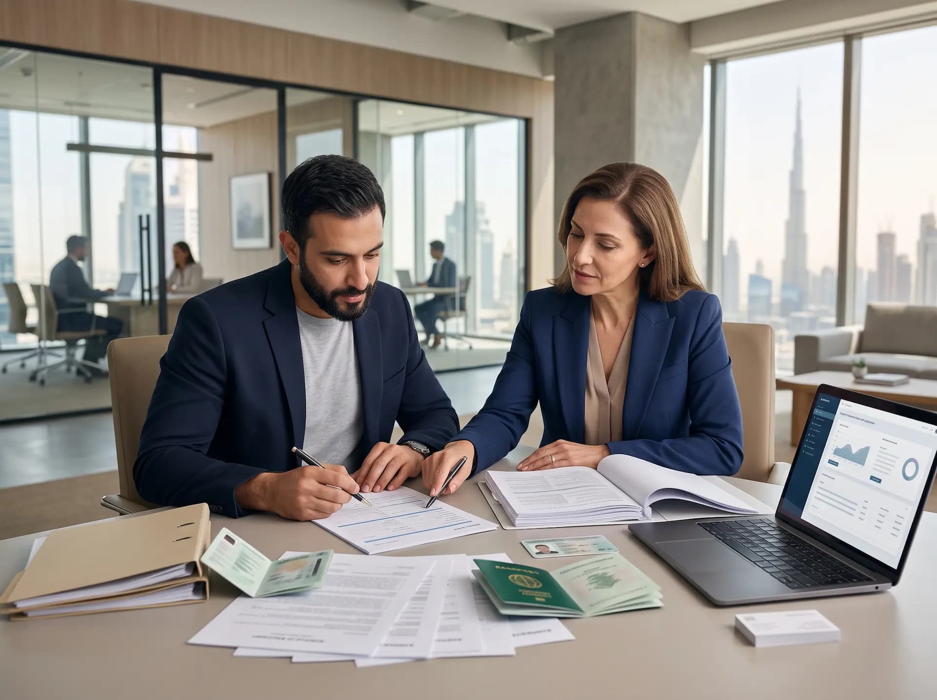 Business owner signing a UAE corporate bank account application with an advisor