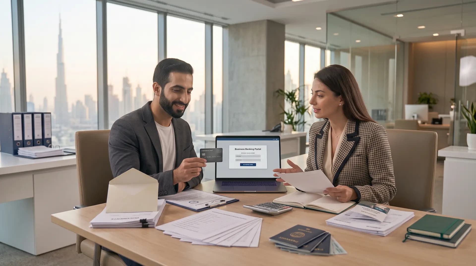 Business owner activating a corporate debit card after UAE bank account opening