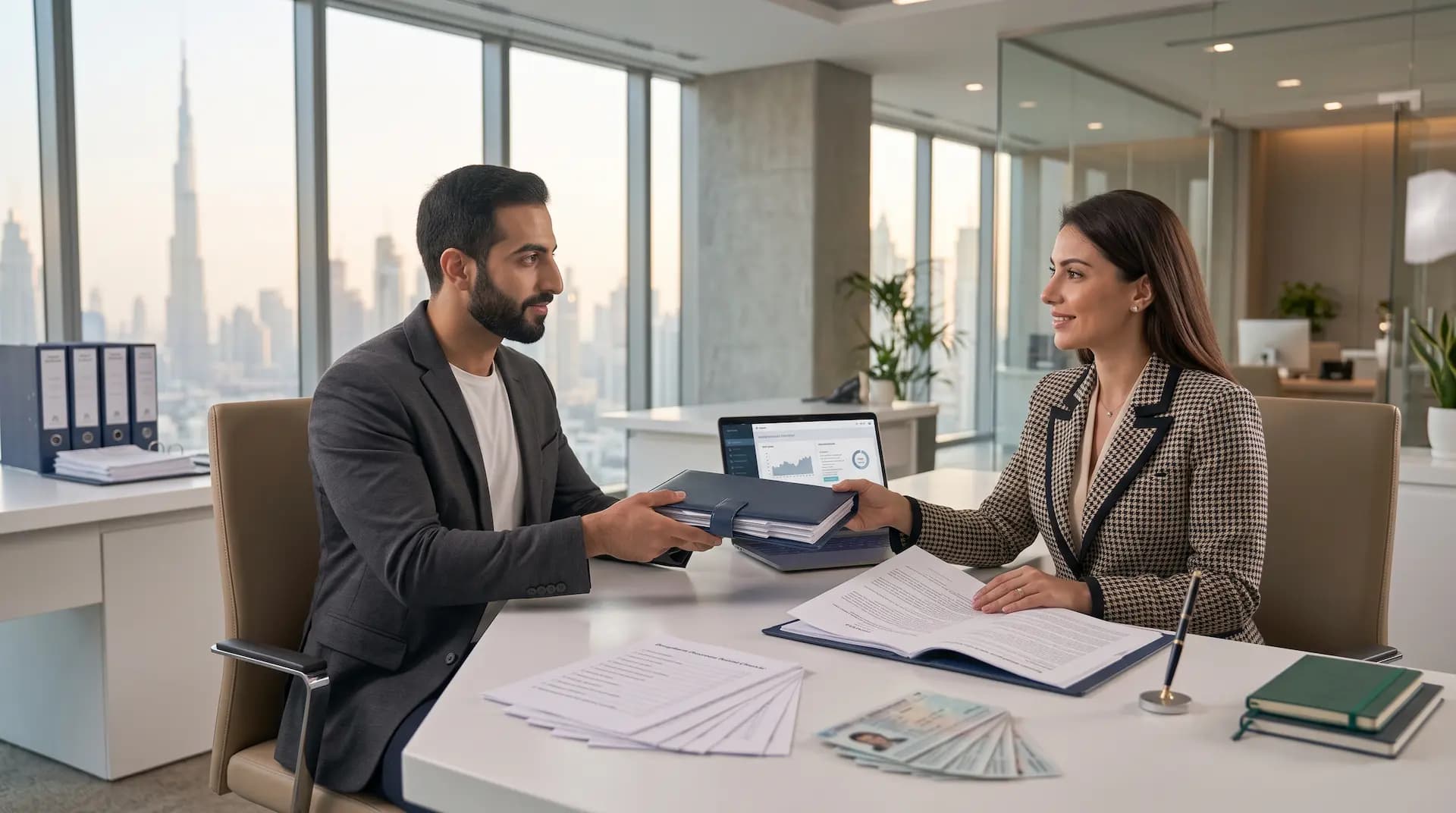 Client submitting company documents for a corporate bank account in Dubai