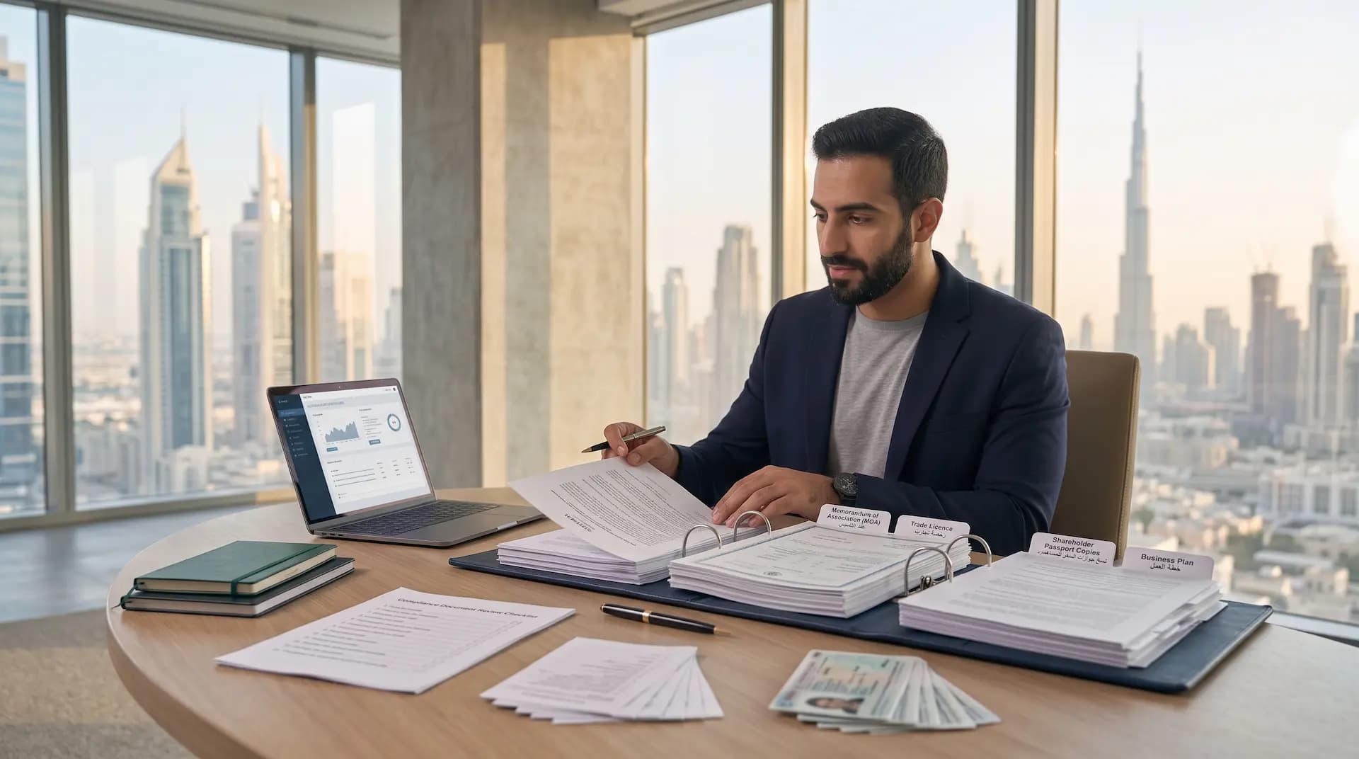 Reviewing MOA, trade licence and shareholder passports for bank account opening