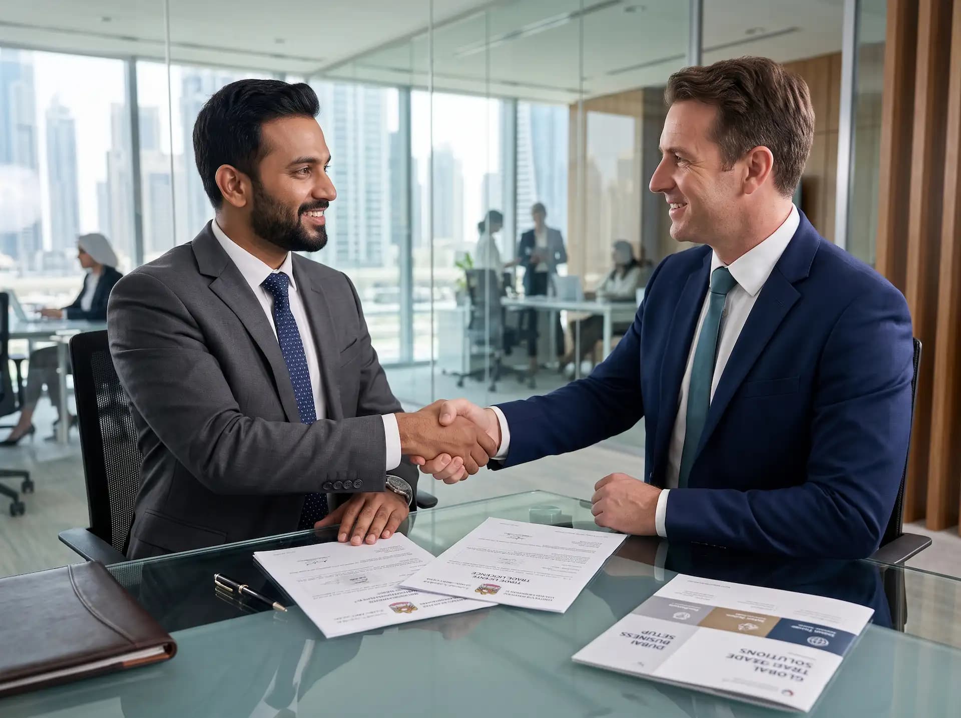 Client and consultant shaking hands over a UAE trade licence in Dubai