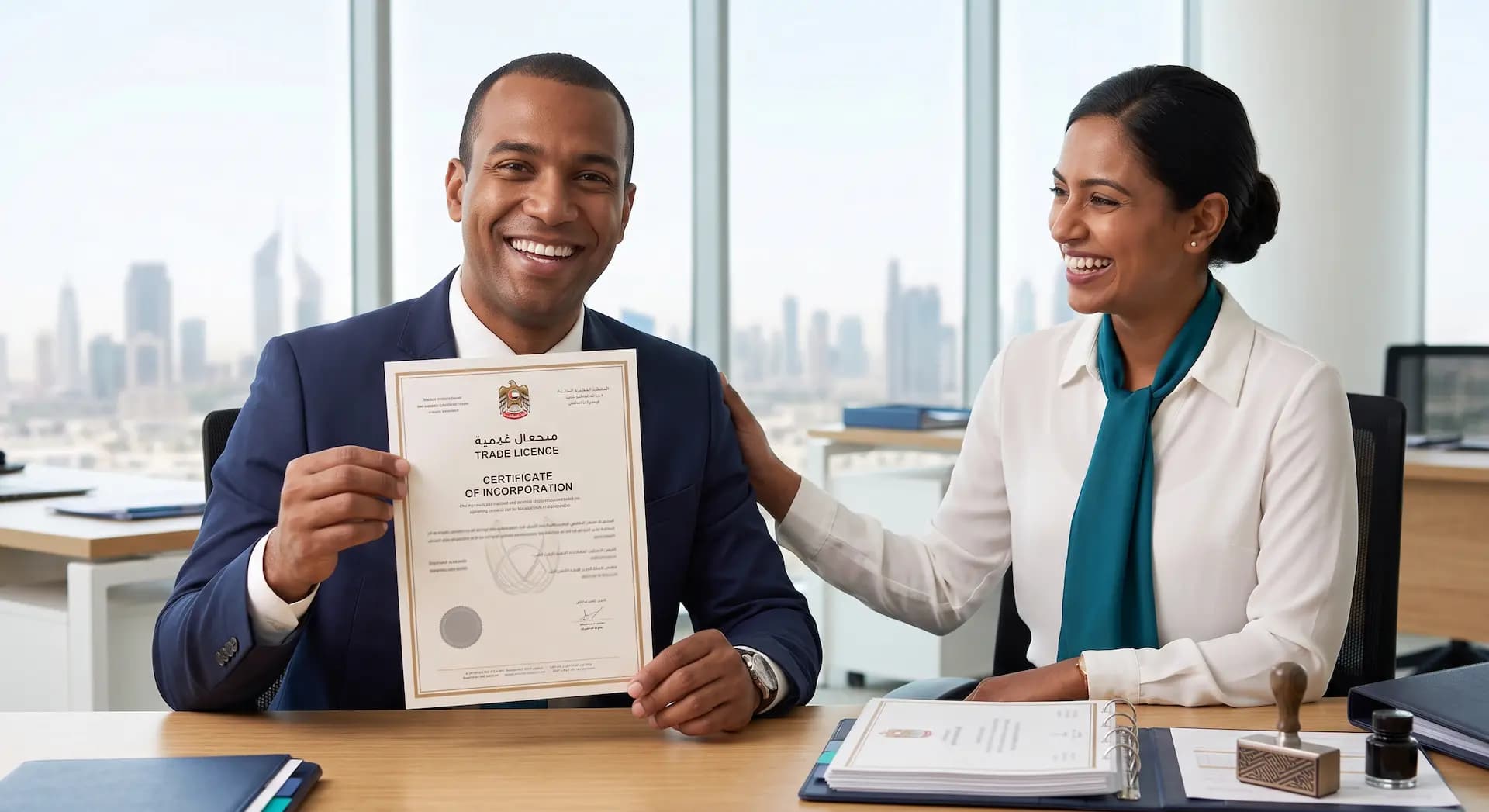 Happy client holding a UAE trade licence after company formation with Credit Link