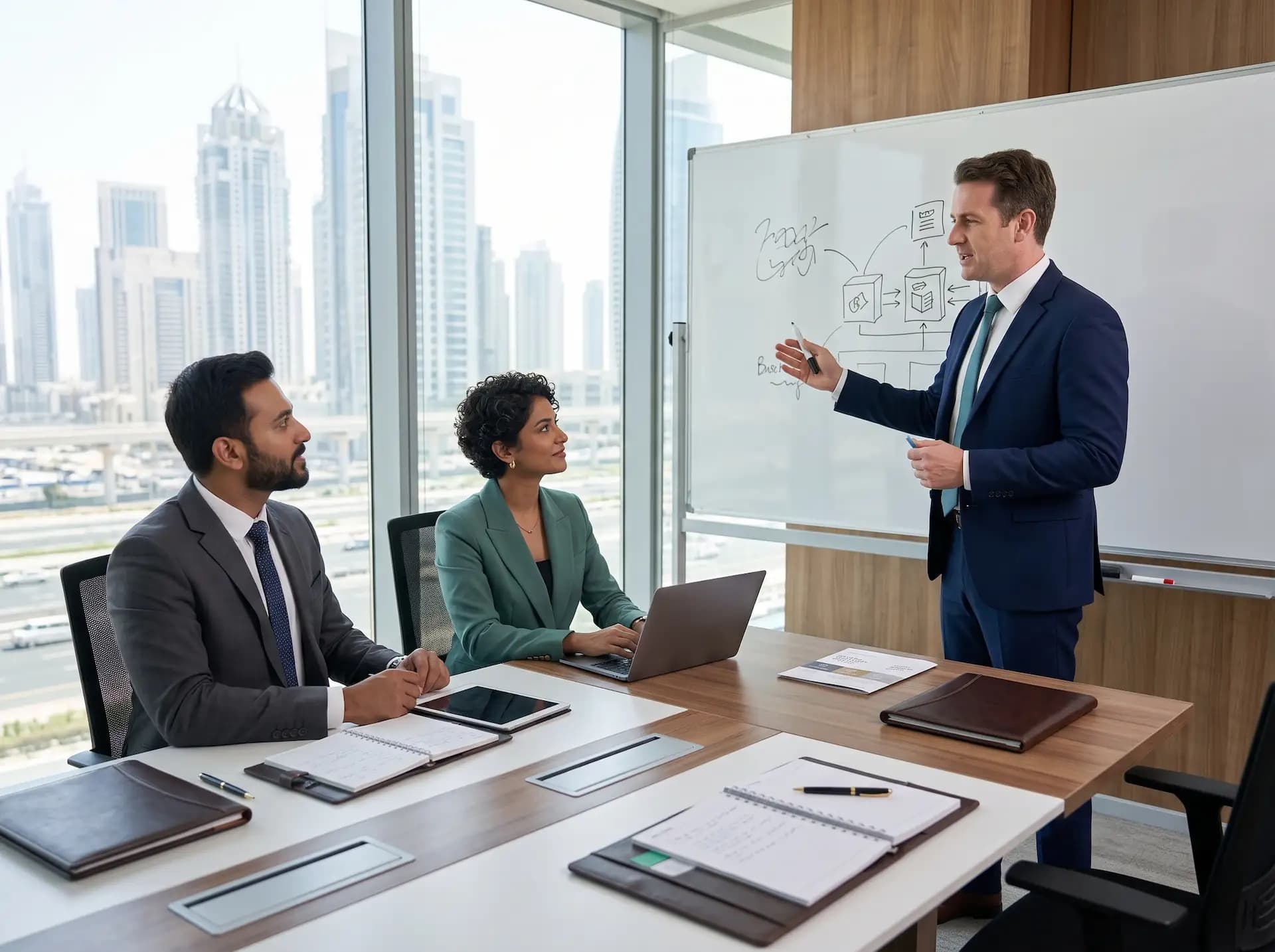 Consultant explaining the UAE company formation process on a whiteboard