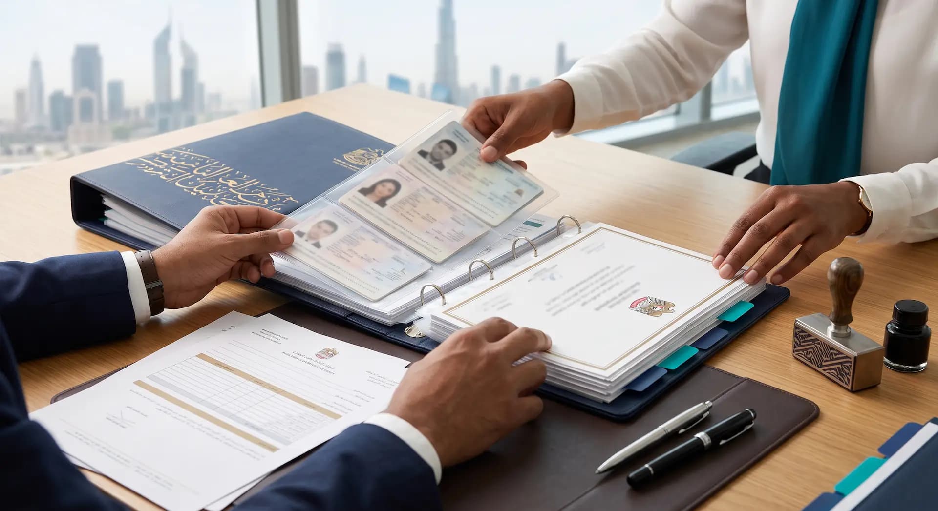 Consultant reviewing passports and documents for company formation in Dubai with a founder