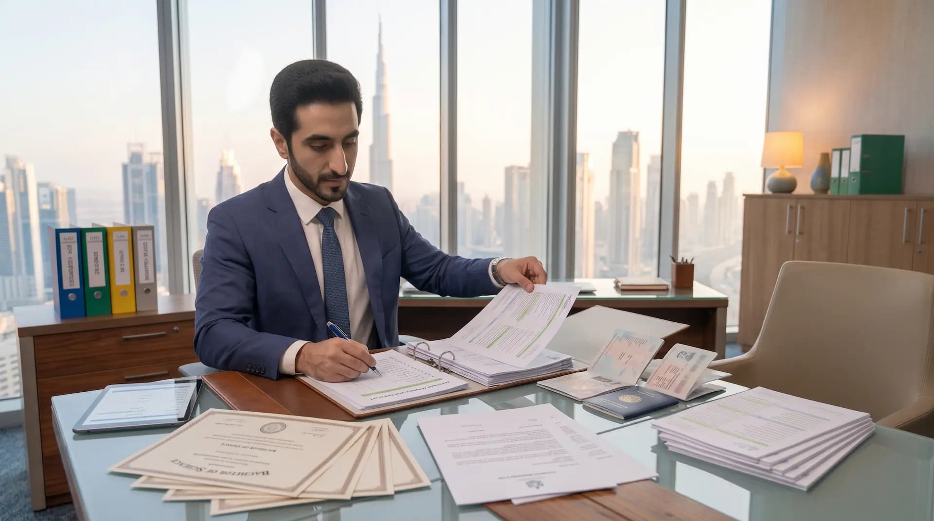 Consultant checking degree certificates and passports for a Golden Visa application
