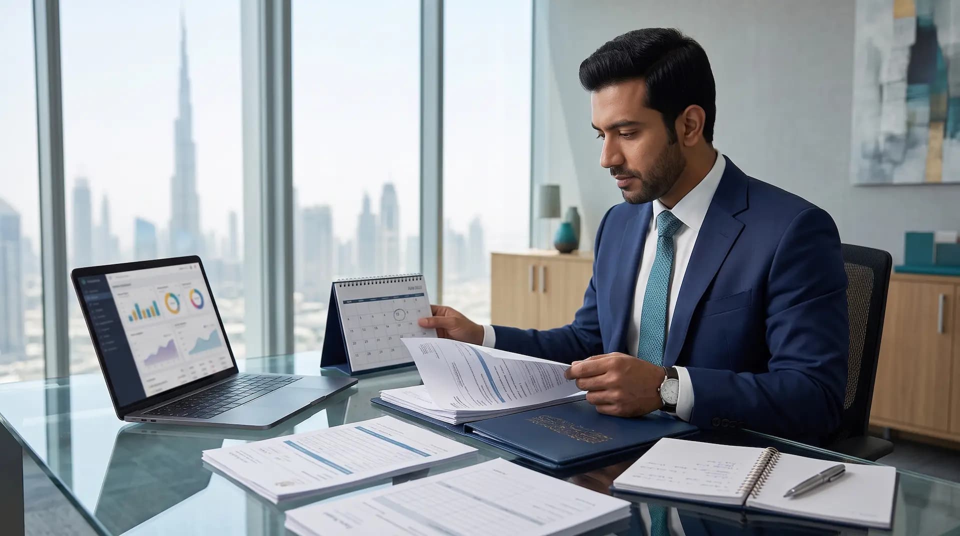 Business owner checking UAE Corporate Tax deadline on a calendar