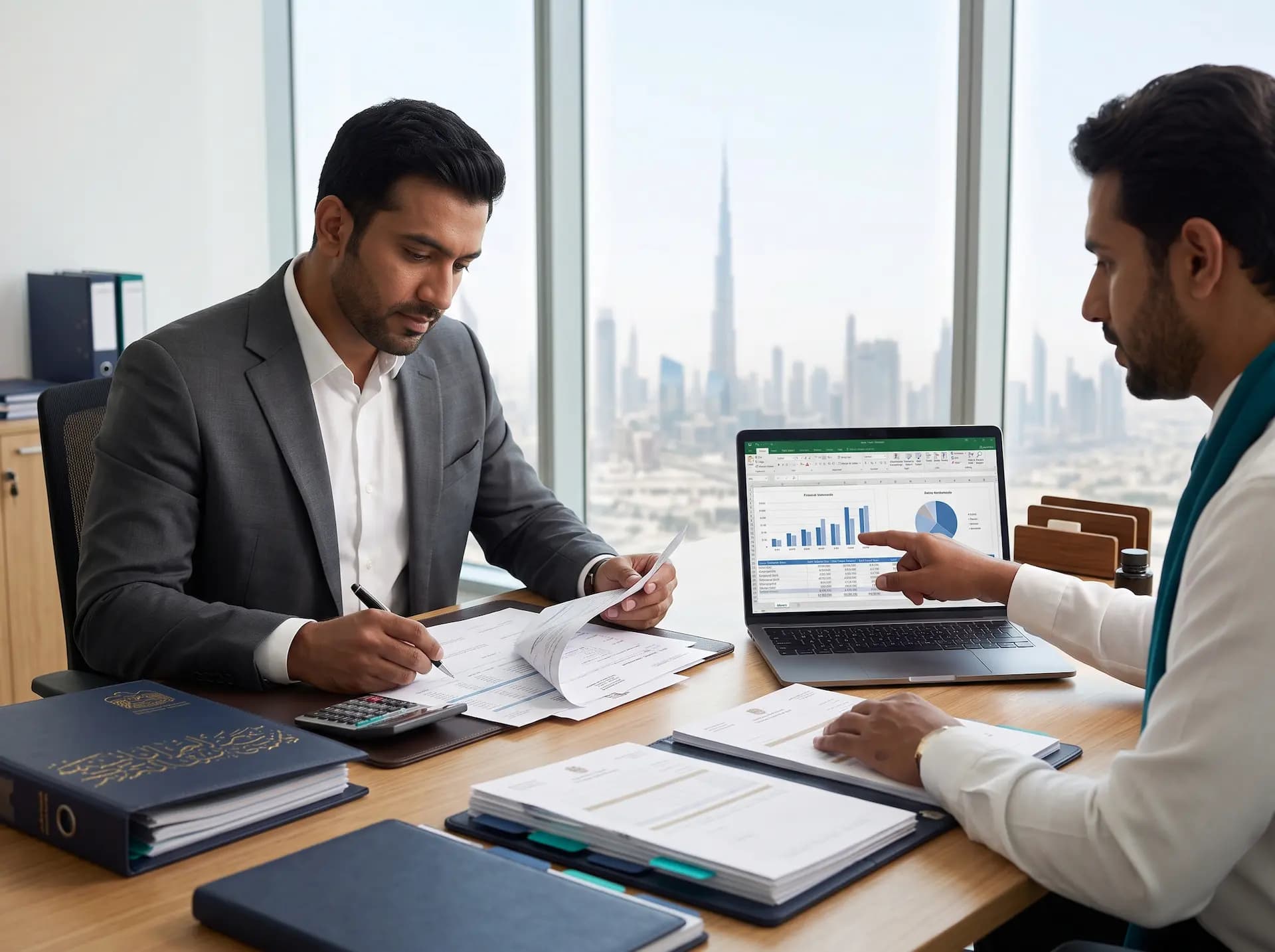 Tax consultant reviewing financial statements with a client for UAE Corporate Tax filing