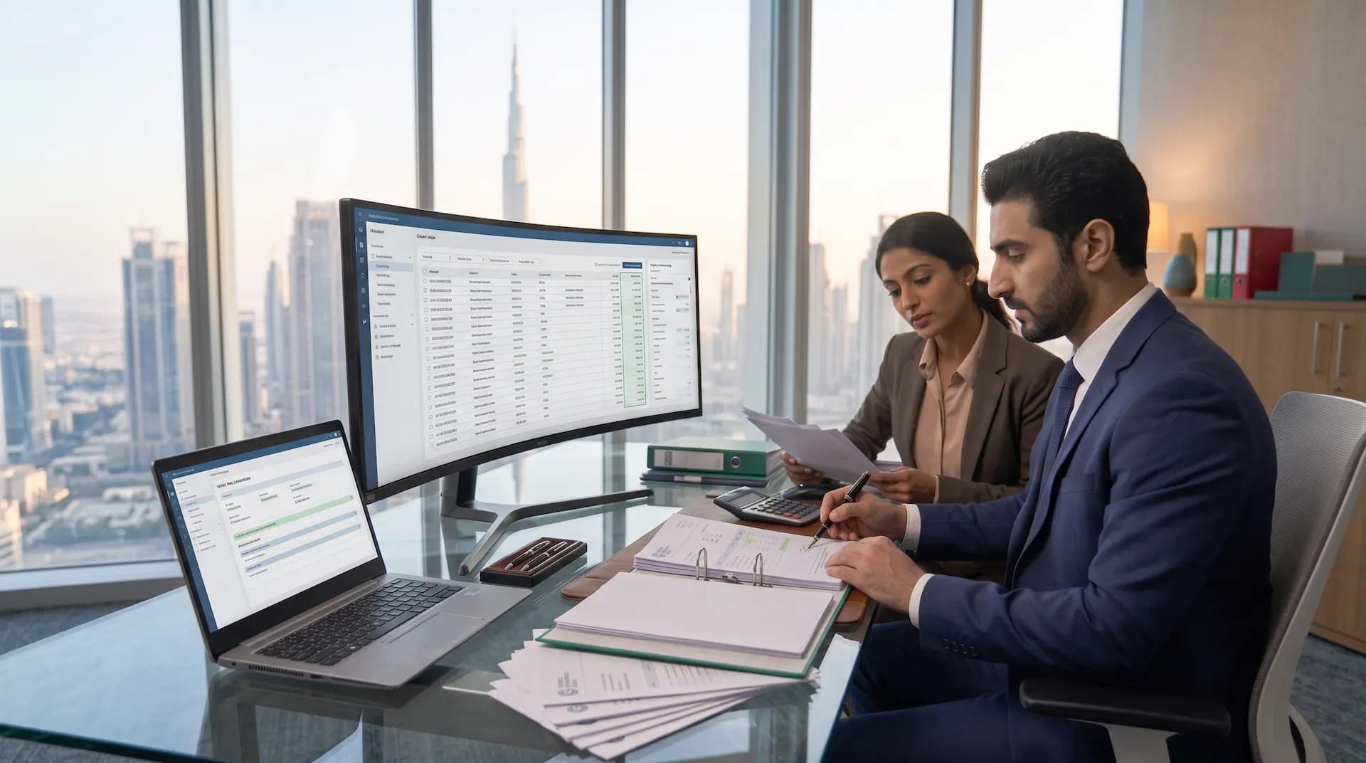 Accountant verifying tax invoices for VAT return filing in Dubai with a UAE business owner