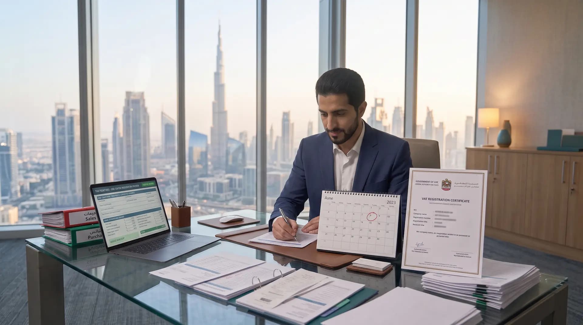 Business owner preparing a UAE VAT return before the FTA filing deadline