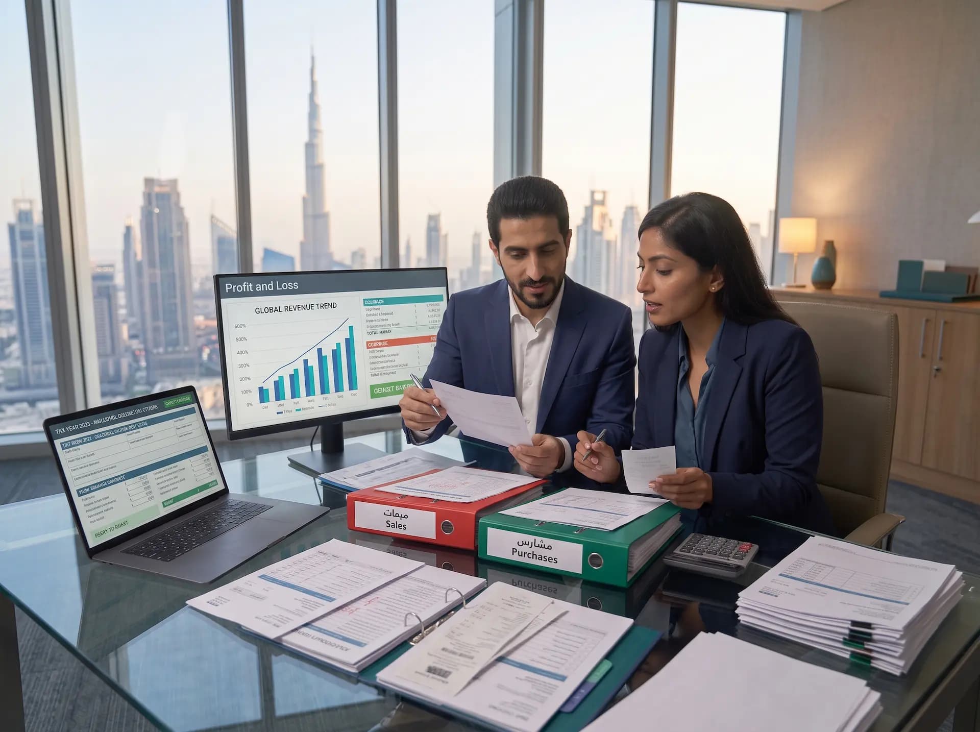 VAT consultants reviewing sales and purchase invoices for a UAE VAT return